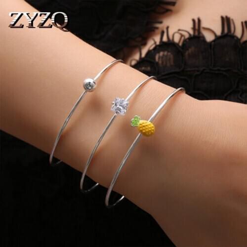 ZYZQ Romantic Fruit Pineapple Shaped Adjustable Open Bangle With Shiny Stone Three PC Bangle Set Silver Plated Accessories Jewel