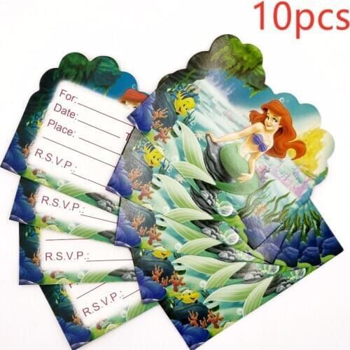 10pc Little Mermaid Princess Birthday Party Supplies Invitation Cards Party Decoration Paper Cards Girls Kids Party Favors