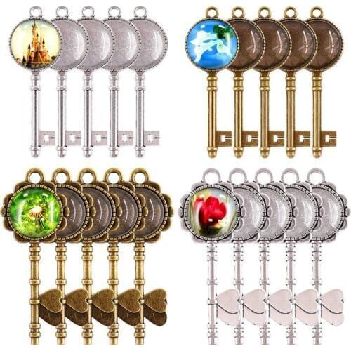 48Pcs Pendant Trays Set 24pcs Skeleton Keys Pendant Trays with 24pcs Glass Dome Tiles Cabochon for DIY Wedding Jewelry Making