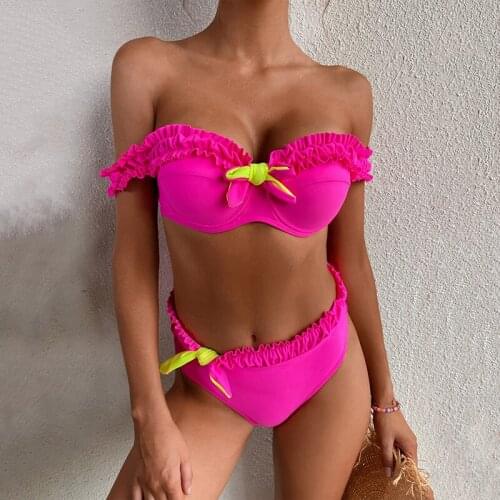Push Up Bikini Ruffle Swimsuit Women Swimwear Bandeau Bathing Suit High Waisted Beachwear Bow Sexy Biquini 2021 Summer