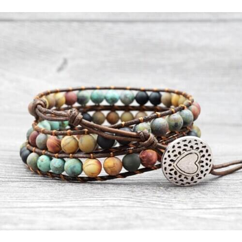 Bohemian Hippie Boho Bracelets Vintage Leather and Natural Stone 3 layered Strands Handmade Braid Weave Wrap Bracelet for Women
