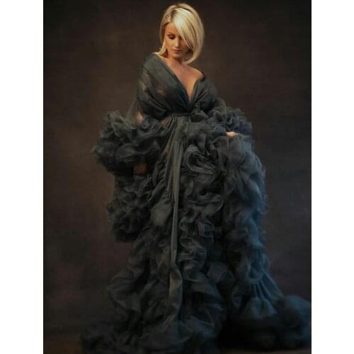 Black Kinono Gowns Prom Dresses Tulle Maternity Robes Women Photoshoot Bathrobe Fluffy Party Sleepwear Custom Made