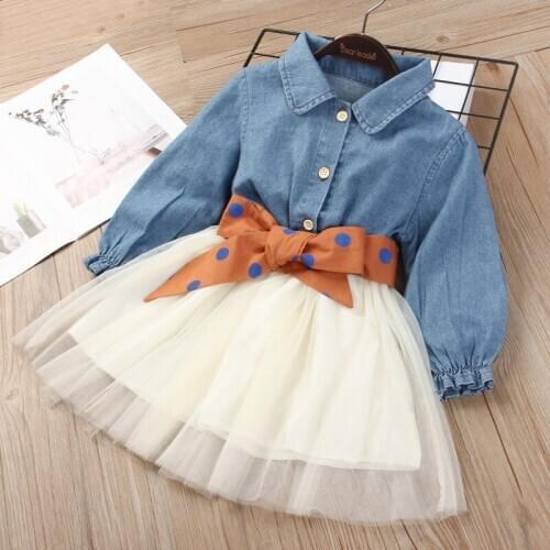 Kids Girls Denim Lace Dress Stitching Dot Print Bow Dresses Princess Cute Jean Shirt Dress Lace Tutus Ball Gown Dress GDN33