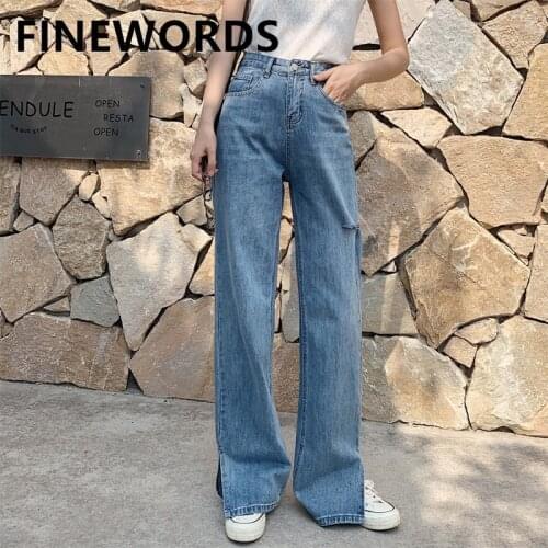 FINEWORDS High Waist Side Ripped Wide Leg Split Jeans Women Korean Casual Loose Jeans Plus Size Vintage Washed Blue Denim Pants