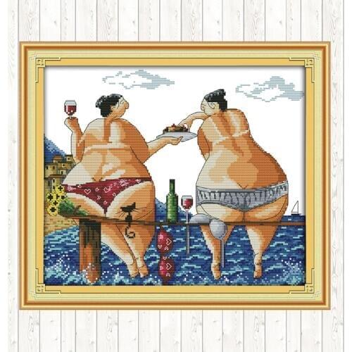 Enjoy In Beach DIY Needlework Crafts Cross Stitch Embroidery Kits DMC Cotton Thread Printed Canvas 14CT 11CT Counted and Stamped