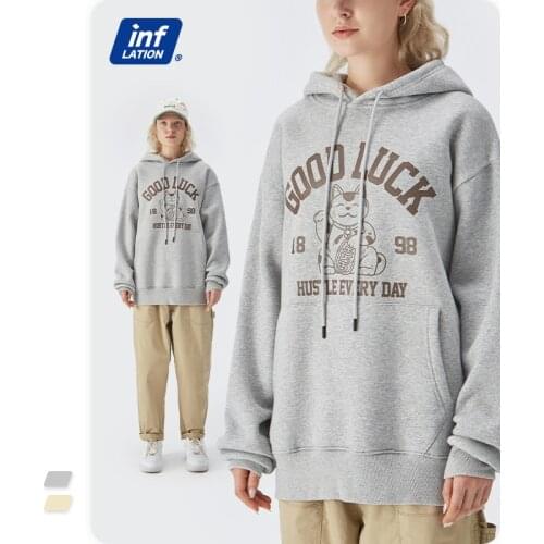 INFLATION Streetwear Hip Hop Hoodies Men Harajuku Lucky Cat Printed Hoodies Couple Pullovers 2021 Trending Winter Warm Hoodies