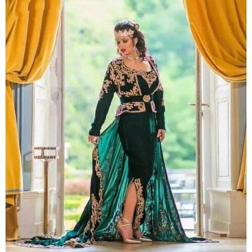 Karakou Algeria Caftan Evening Dresses Long Sleeve 2021 Green Velvet Gold Lace Peplum overskirt Occasion prom Gown Wear
