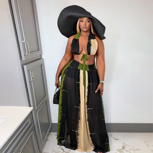 Two Piece Boho Outfit Suits Halter Bandage Tanks And Long Maxi Skirts 2021 Summer Sexy Print Tracksuit Woman Matching Sets