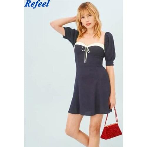 Cute Center Bandage Dresses Vintage Navy White Patchwork Chiffon Vestidos Palace Short Puff Sleeve Women Mini Dress