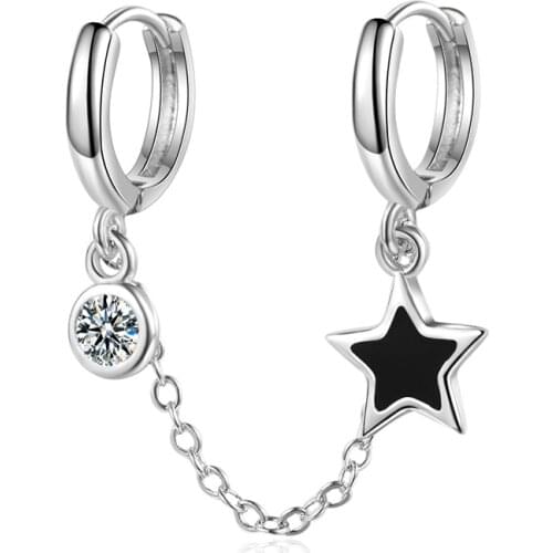 Trendy Two Ear Hole Piercing Hoop Earrings Chain Tassel Black Pentagram Star Crystal Simple Boho Earring Jewelry For Lady Girls