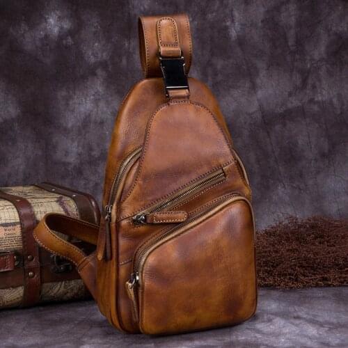 Vintage genuine leather Mens chest bag handmade Men shoulder messenger bag male soft leather first layer cowhide leisure bags