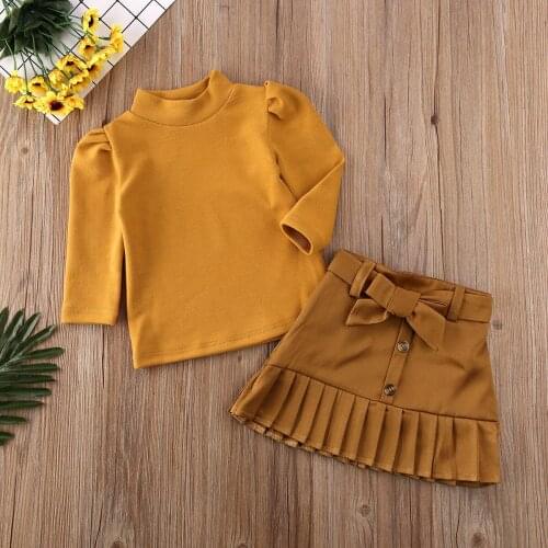 1-5Y Toddler Baby Girl Xmas Clothes Sets Solid Kids Long Sleeve T-shirt Bowknot A-Line Skirts Autumn Clothes