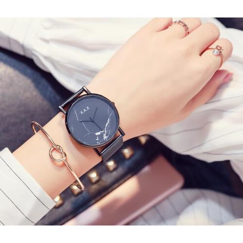 Full Black Stainless Steel Marble Face Wrist Watch Luxury Gift Hours