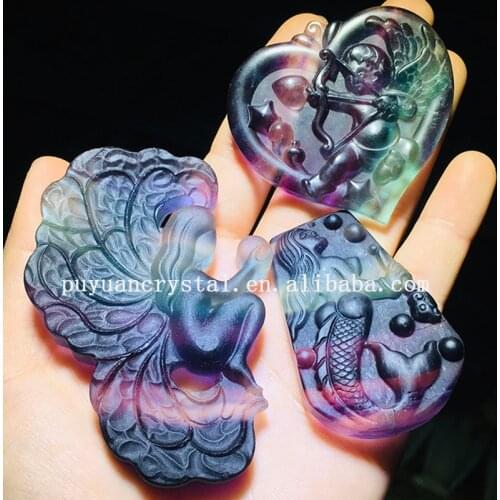 Natural Fluorite Angel Cupid Carved Crystal Fairy Quartz Mermaid Figurine Healing Crystals Reiki Room Decor Feng Shui Chakra