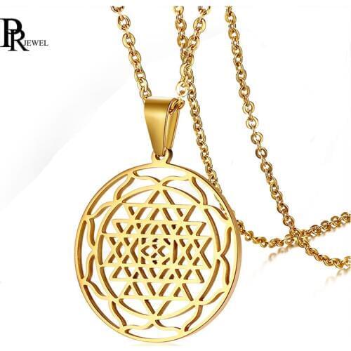 Retro Shri Chakra Yantra Pendant Necklace for Women Men Gold Tone Stainless Steel Shakti Sri Lanka Unisex Colar Free Chain 20"