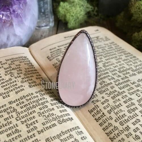 RM39983 Rose Quartz Size 8-1 4 Crystal Pink Stone Teardrop Ring Copper Electroformed Ring Witchy Large Statement Ring