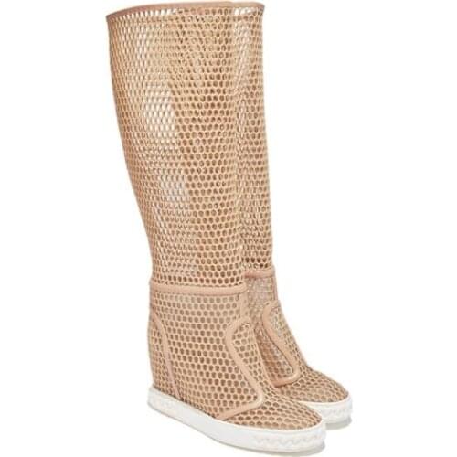 Carpaton Newest Nude Mesh Grid Height Increasing Knee High Boots Summer Women Round Toe Sandal Boots Slip on Breathable Shoes