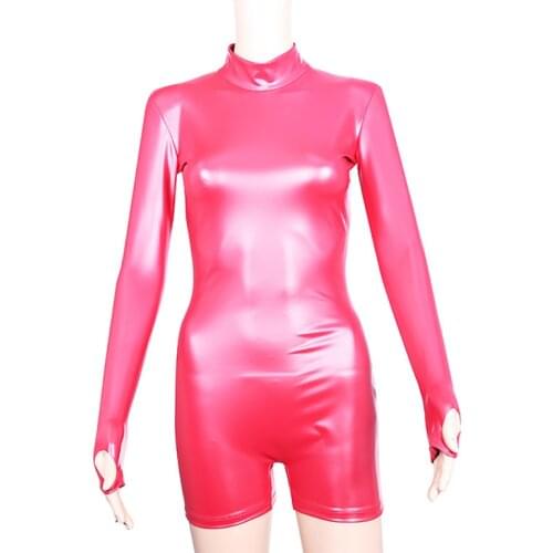 Sexy Women Cosplay Latex Bodysuit Elasitc Sexy Tight Faux Leather Oil Shiny Catsuit Bodycon Playsuit Short Tights F90