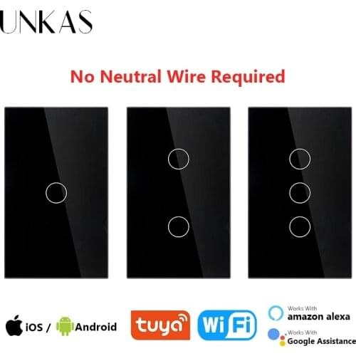 UNKAS Smart Home Wifi Touch Switch No Neutral Wire Required 1 / 2 / 3 Gang Light Switch 220V Support Alexa Tuya App 433RF Remote