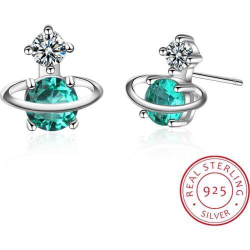 2019 Cute Little Green Planet Star Stud Earring Zirconia 925 Sterling Silver Earrings Fine Jewelry For Women S-e741