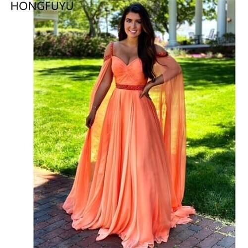 HONGFUYU Chiffon Prom Dresses With Ruched A-line Evening Gown Beaded Belt Straps Cold Shoulder Cape Party Formal Dress for Women