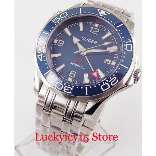 BLIGER Blue Men Wristwatch Automatic Movement Sapphire Glass GMT Hand Mental Watch Band