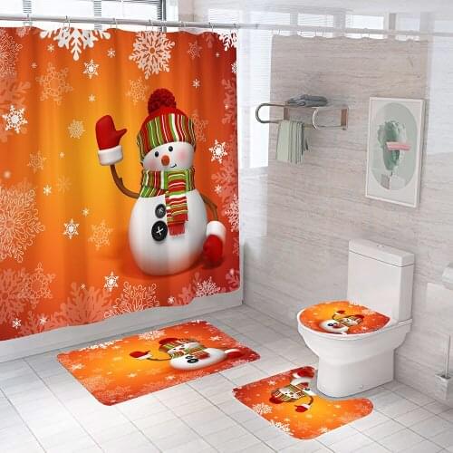 Merry Christmas Fabric Shower Curtain Orange Snowman Anti Slip Pedestal Rug Lid Toilet Cover Bath Mat Bathroom Curtains Set