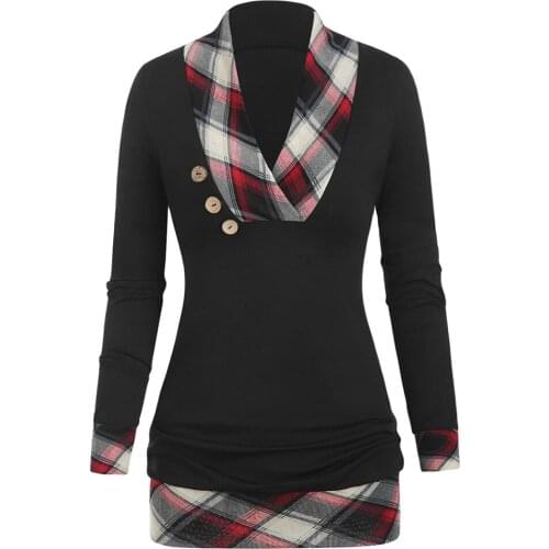 Wipalo Plaid Panel Ruched T Shirt Vintage T-Shirts Women Pullovers V Neck Long Plaid Tops Spring Button Ruched Casual Tees