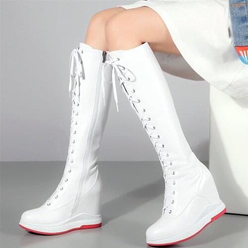 Fashion Sneakers Women Lace Up Genuine Leather Wedges High Heel Knee High Motorcycle Boots Female Thigh High Platform Pumps Shoe