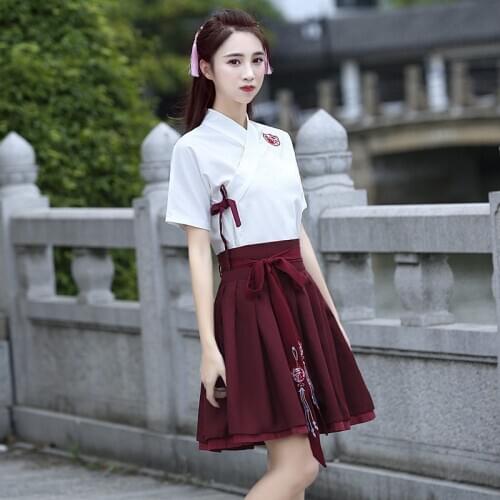 Traditional Chinese Style Hanfu Costume Dresses Women Summer Short Sleeve Embroidery Ancient 2 Piece Sets Fairy Dance Clothes