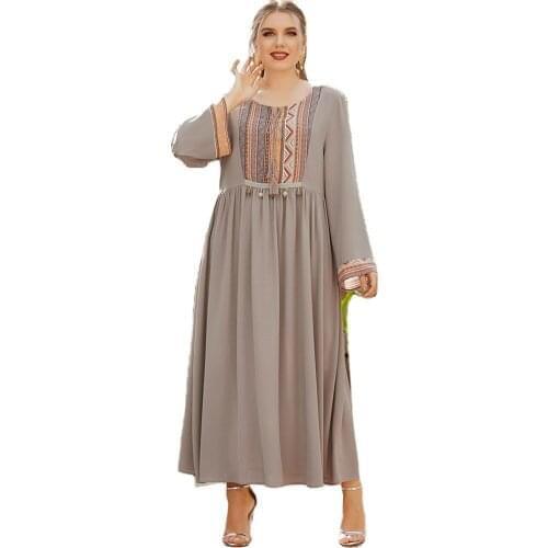 Womens Long-Sleeved Spring Summer Thin Big Swing Muslim Dress Dubai Turkey Casual Prayer Robe Arab Middle East Abaya Outfit