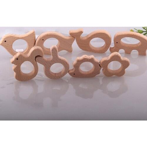 100PCS MIX DESIGNS Handmade Natural Newborn Beech Cute Cartoon Animal Wooden Teether Toys