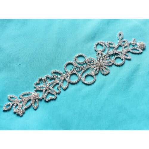 Free shipping 1 pc 5*20cm flower butterfly clear crystal rhinestone applique trims for bridal dress costume stage garment sewing