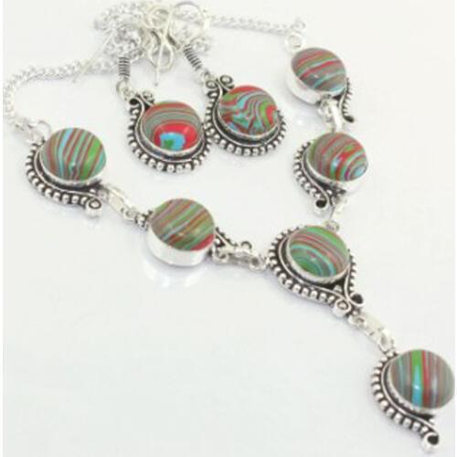 Rainbow CALSILICA Necklace Earing Silver Overlay over Copper , 44 cm, N3053