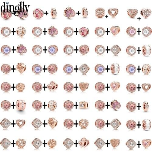Dinglly Pink Crystal Round Rose Gold Beads Lavender Rhinestone Heart Charm Fit Original Bracelets & Necklace Jewelry Accessories