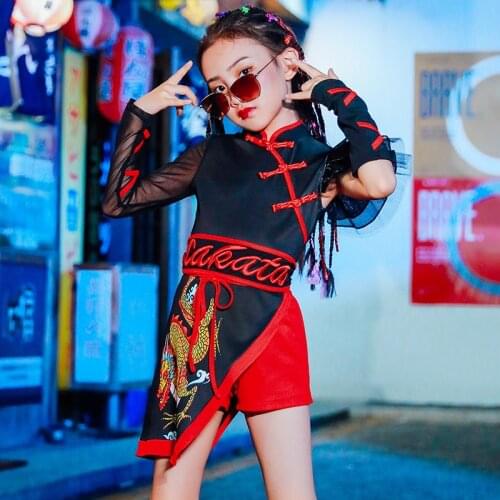 Girls Jazz Dance Costumes Chinese Style Black And Red Hip Hop Clothes For Kids Modern Street Dance Performance Clothing DQL4102