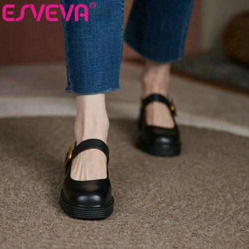 ESVEVA 2021 Fashion Autumn Round Toe Concise Women Pumps Genuine Leather Buckle Square Med Heel Female Shoes Size 34-41