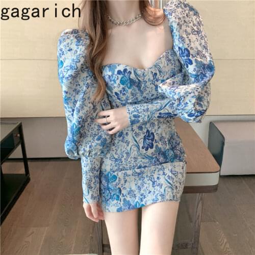 Gagarich Women Dress 2021 Spring Autumn French Elegant Sexy Sweet Temperament Female Square Collar Printed Puff Sleeve Vestidos