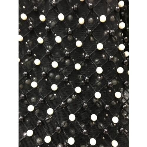 Good looking plenty white and balck beadS embroidery mesh tulle african lace fabric YG-813 for wedding dress/evening dress