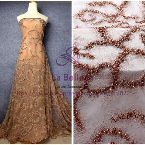 La Belleza 1 yard super heavy brown/black/pink handmade beading lace fabric wedding dress lace fabric 47'' width