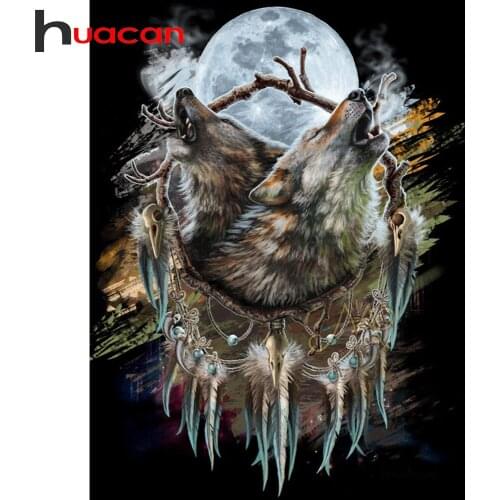 Huacan New 5D Diamond Painting Wolf Moon Full Diamond Mosaic Embroidery Kit Animals Hobby And Needlework Home Decoration