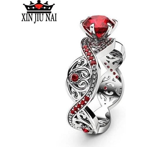 New Fashion European Womens Red Zircon Ruby Rose Ring Platinum Elegant Charm Engagement Wedding Womens Ring Jewelry