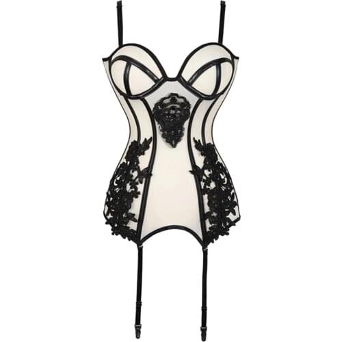 Two Peices New Sexy Elastic Mesh Corset Female Underwear Lace Up Bustier Slim Waist Lingerie Black Bodysuit QZ0302