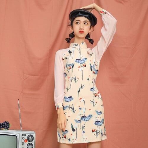 Autumn Girl Chinese Dress Qipao Sweet Slim Daily Cheongsam Dress Mesh Long Sleeve Flower Print Female Mini Qipao Dress 12096