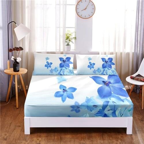 Blue Flower Digital Printed 3pc Polyester Fitted Sheet Mattress Cover Four Corners with Elastic Band Bed Sheet Pillowcases