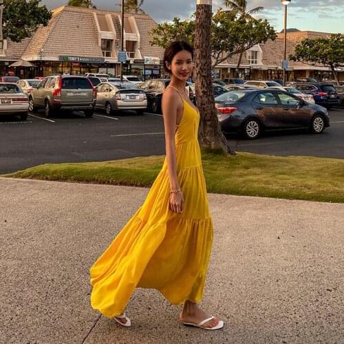 TVVOVVIN Summer Korean Loose Suspender Dress Backless Beach Style Women High Waist V-neck Yellow Large Size Dress 6NC1