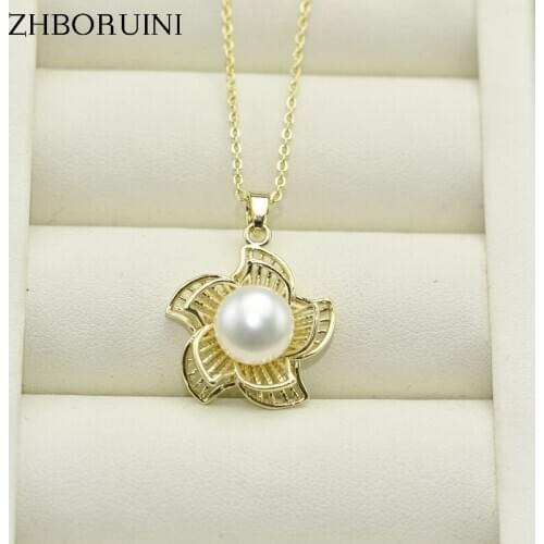 ZHBORUIN Fine Gold Pearl Necklace 100% Real Freshwater Pearl Jewelry 925 Sterling Silver Jewelry Flower Choker Necklace Pendant