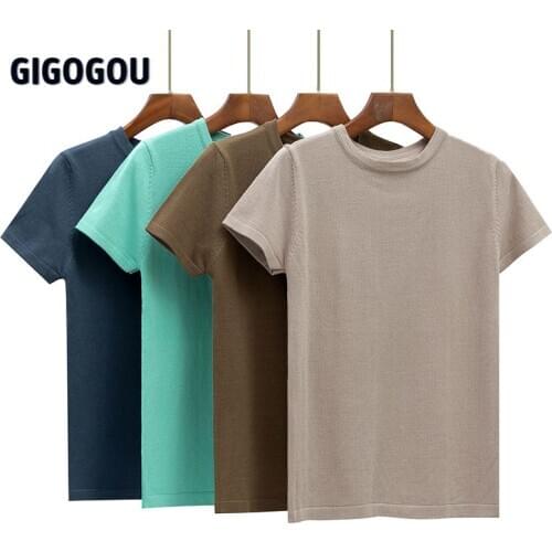 GIGOGOU Basic Cotton Summer T Shirt Women Knitted Short Sleeves Tee Shirt High Elasticity Breathable O Neck Female Top Tshirt