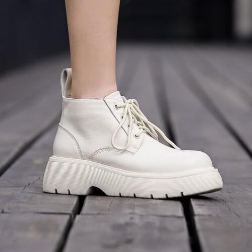 Hot Genuine Leather Round Toe Chunky Heel Women Boots Lace-up Female Boots ANKLE Boots Platform Shoes Women Shoes Cross-tied