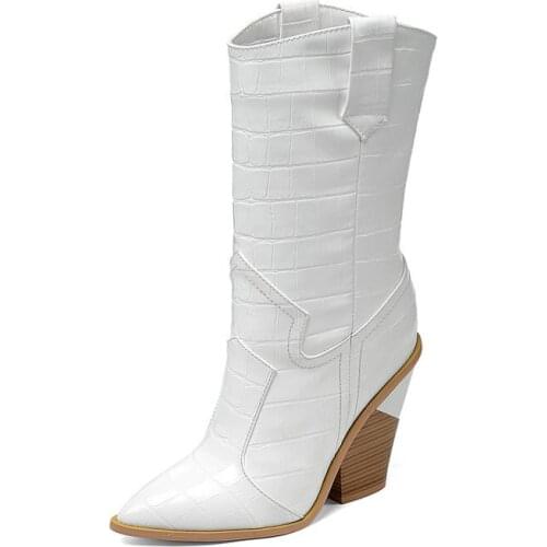 Fashion Stone Pattern Lady Mid Calf Boots Spring Autumn Wedges Western Boots Winter Slip On Loose Large Size Womens Shoes 34-45